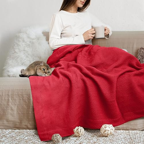 THREAD SPREAD Bio-Baumwolle, GOTS-zertifizierte Baumwolldecke, Twin/Twin XL – 350 g/m², antistatisch, flauschig, weich, leicht, Sofa, Überwurf mit Fischgrätenmuster, Rot + stilvolle Bonus-Tragetasche