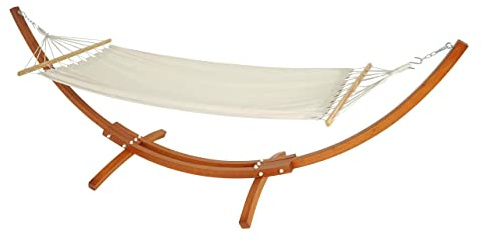 Hängematte mit Gestell HWC-J46, Hängeschaukel, bis 200kg Holzgestell FSC®-Zertifiziert 320cm - braun, Matte Creme-weiß