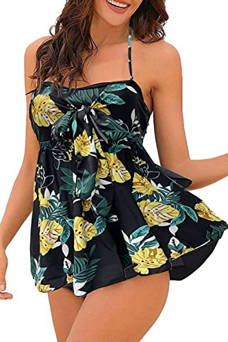 NLAND Trajes de baño Tankini para Mujer Dos Piezas Conjunto de Bañador Estampado Volantes Swimsuit con Halter Push Up Top y Bragas para Piscina(Hojas Negras,XL)