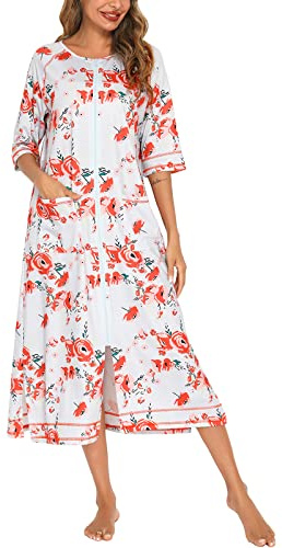 Rubehoow Zipper House Dress for Women Plus Size O Neck Long Duster Coat with Pockets (Rose,2XL)