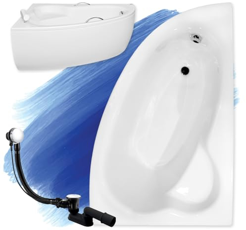 BADLAND Badewanne Original Weiß Acryl Wanne Eckbadewanne NATALIA 150x100 Rechts KOMPLETTSET SET mit Weiß Acrylschürze + Füßen und Exklusive Chrom Automatik Ablaufgarnitur Made in EU 4in1