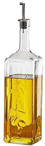Secen LONDON - Glass Oil Cruet, 1 LT, Oil & Vinegar Bottle with Decorative Design, Glass, Dishwasher Safe, Food-Safe Stainless Steel, 1000 CC, Olive Bottle