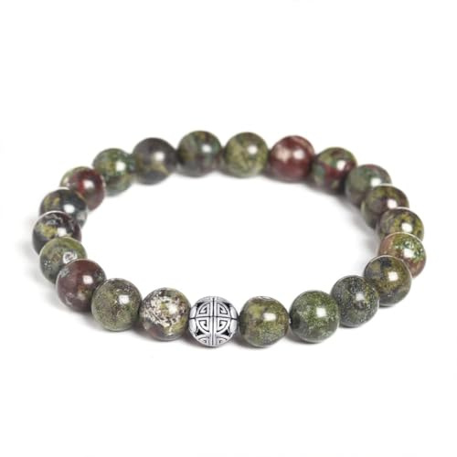 MetJakt Natural 8mm piedras preciosas Curación Crystal Stretch moldeado pulsera brazalete con plata de ley 925 doble felicidad colgante (Piedra de sangre de dragón)