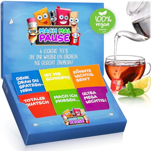 MACH MAL PAUSE® Tee Box - lustiges Tee-Set mit 6 leckeren Teesorten - Geschenk für Kollegin Kollegen Chef - Teespender mit 30 Teebeuteln - Geschenkset Büro - Wellness Anti-Stress Tee - Geburtstag