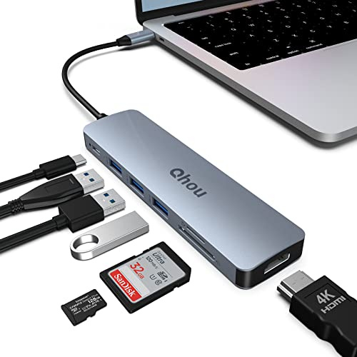 USB C HUB, Aluminium USB C Dock 7 in 1 USB C Adapter with 4K@30 HDMI, USB 3.0 * 3, PD, SD/TF Compatible for MacBook, Surface Pro/Go, iPad Pro/Air, Laptop and More Type C Devices