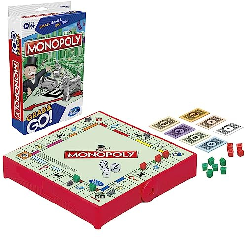 Monopoly Grab and Go Game for Kids Ages 8 and Up, Portable Travel Game for 2-4 Players