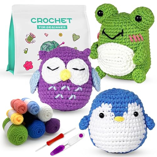 BoloShine Crochet Kits for Beginners, Complete Crafts Set with Crocheting Video Tutorials, DIY Keychain with Hooks and Yarns for Starters Adults, Animals Knitting Kit(Frog/Owl/Penguin)