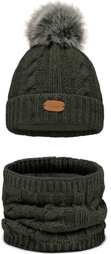 Alur Mütze Kinder Unisex Beanie mit Loop Schal Set Wintermütze Strickmütze mit Bommel - Warme Elastisch Elegant Winter Mütze Schal EKO Bommelmütze - Weiches Garn Stilvoll Warm