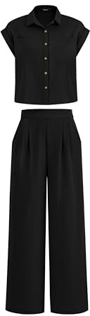 PRETTYGARDEN 2-teiliges Damen-Sommer-Outfit 2024, lässiger Trainingsanzug, kurzärmelig, Button-Down-Shirts, lange Hose, Lounge-Sets, Einfarbig Schwarz, L