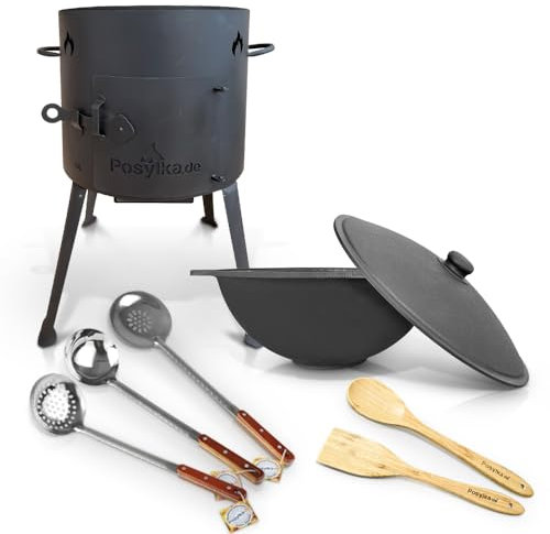 Utschak Feuerofen mit Gusseisen Topf flacher Boden mit Deckel (10 L) Kazan 2 Schaumlöffel 48 cm Schaumkelle 48 cm Spatel und Löffel 35 cm KazanoFF, Учаг, Camping, Kasan, Gulaschkanone Oven (Set 6)