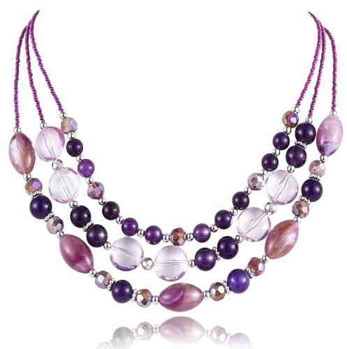 FULU AUTUMN Perlen Statement Kette Damen Silber Mehrreihig Perlenkette Chunky Bunt Modeschmuck Valentinstagsgeschenk für Sie