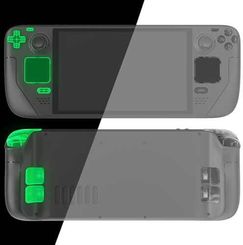 eXtremeRate Ersatz Tasten Set für Steam Deck OLED Konsole, DIY-Knöpfe ABXY/D-Pad/Trackpad/View/Option/Quick-Access/Trigger Buttons Back Paddles Zubehör für Steam Deck OLED Console-Glow in Dark Grün