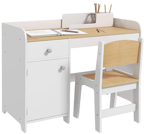 ZONEKIZ Kids Desk and Chair Set for 3-6 Years 2 Piece Storage Cabinet White