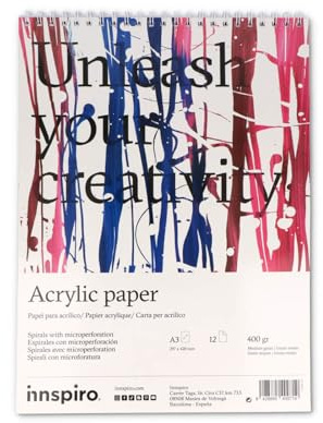 INNSPIRO Bloc de Papel para Acrílico A3-12 páginas 400 g/m2, Papel Grueso Texturizado para Acrílico