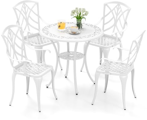 RELAX4LIFE Set da Giardino 5 Pezzi, Tavolo Rotondo e 4 Sedie in Ghisa di Alluminio, Foro Ombrellone (Ø5 cm), Schienale Alto, Capacità 150KG, per Bistrot e Balcone, Bianco