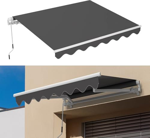 Toldo Manual Retráctil 3.6x3M, Toldo de Pared para Exterior Terraza Balcón con Manivela de Metal Impermeable, Enrollable Articulado Anti-UV 50+, Manivela Marco, Techo Exterior Lluvia, Gris Oscuro
