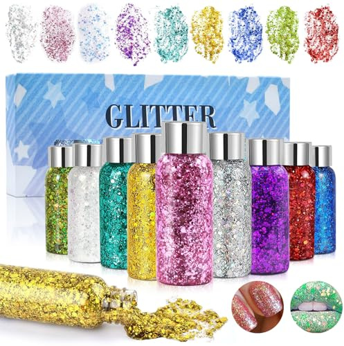 NEWJEK Body Glitter Gel 9 Bottle, Wasserdicht, für Festival Party Konzert | Gold Silver white Rosa Grün Lila Cyan Rot Blau, Je 35 ml pro Flasche, für Gesicht, Haare, Nägel und Körper