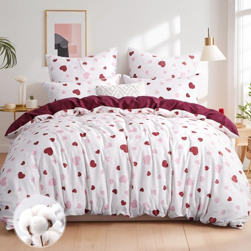 Aisbo Bettwäsche 200x200 Baumwolle Rosa Rot Herzen Muster - Bettwäsche-Sets 200 x 200 cm Bettbezug 3teilig mit 2 Kissenbezüge 80x80 cm, ÖKO-TEX Wendebettwäsche mit Reißverschluss