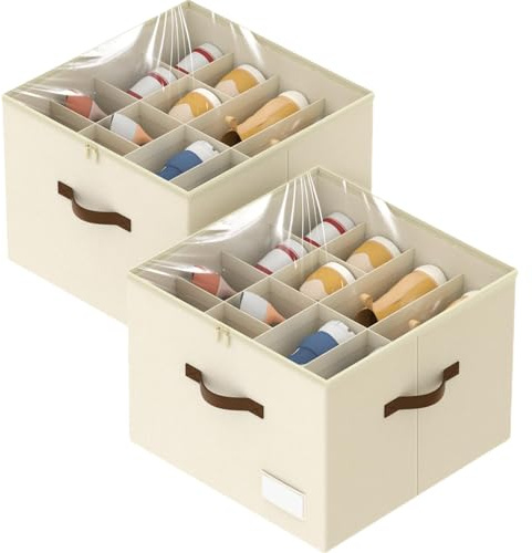 LIKMYPICK Shoe Organizer for Closet, 2 Pack Shoe Organizer with Clear Cover, Closet Shoe Storage Containers w/Adjustable Dividers, Foldable Storage Bins for Shoes, Fits 16-32 Pairs, Beige