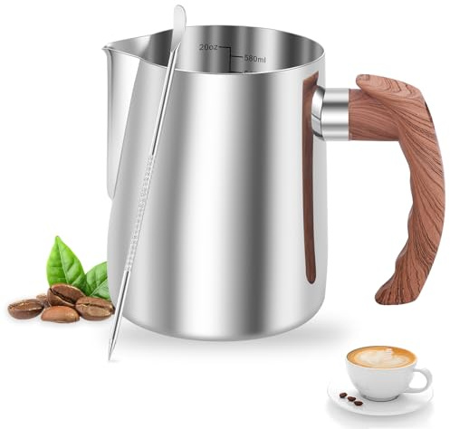 Milchkännchen Edelstahl 600ml, Milchkanne Barista mit Messung Mark, Blumennadel, Holzmaserung Handhaben, Milchkanne Edelstahl Tropfwassergeschützt für Cafés Restaurants Bars (Silber)