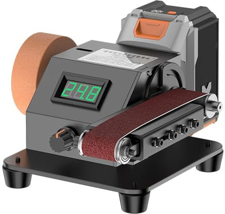 Mini Lijadora De Banda, Pulidora De Escritorio De 350W, Control Variable Infinito, Máximo 10000 RPM, Ángulo Ajustable De 90°, con Pantalla LED, 10 Bandas De Lijado