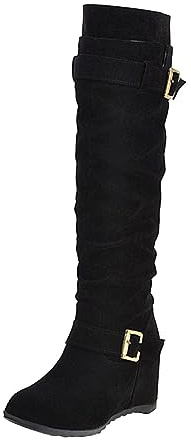 Women's Fashion Suede Belt Buckle Knee High Boots with Elevated Wedge Heel Stylish Ladies Long Boots Comfortable Durable Footwear