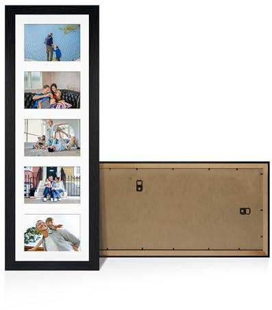 Alison Kingsgate Black 26x8 Photo frame for multiple pictures | 9 Aperture Family Photo Collage Frame with White Mount - Holds 2x 7x5 & 7x 6x4 Photos - Engineered Wood & Perspex