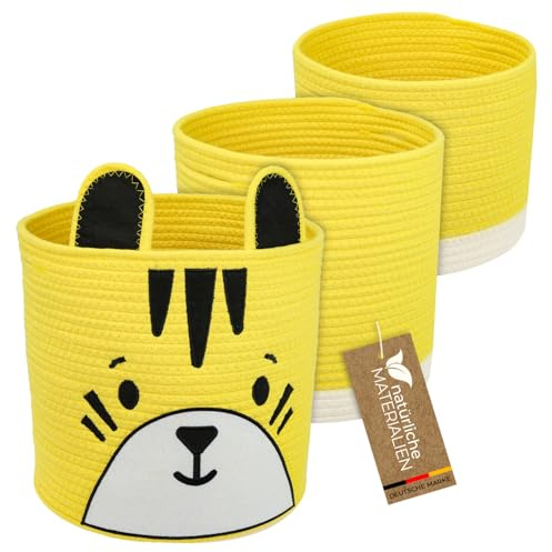 HMF Aufbewahrungskorb mit versteckten Griffen, 3er Set, Korb für Kinderzimmer aus Baumwolle | Tiger | Groß, Mittel, Klein