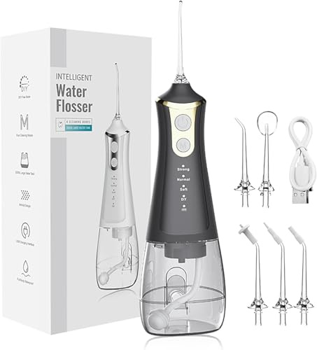 LuxeCare Water Dental Flosser, 300ML Portable Oral Irrigator for Teeth, 4 Modes and 5 Jet Tips,Rechargeable Irrigation Cleaner - Cordless for Teeth Care Home Use and Travel (Black 5 Nozzles)