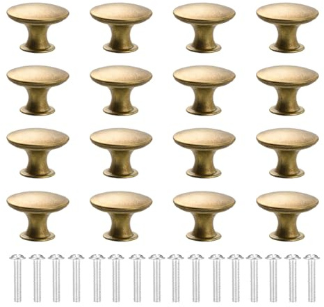16pcs Cabinet Door Handles with Screws, Cupboard Door Knobs Cabinet Knobs, Small Round Drawer Knobs with 16 Matching Screws, Door Knobs for Home, Kitchen, Wardrobe, Cabinet, Drawer (Antique Brass)