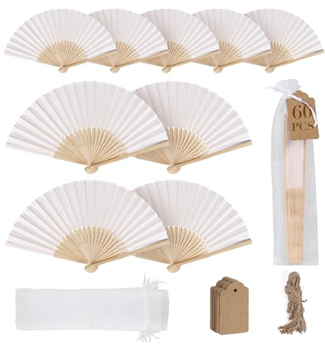SWAWIS 60 Stück Stofffächer Weiß Handfächer Faltbar Fächer Hochzeit Deko Fecher mit Organzasäckchen und DIY Etiketten für Hochzeit Geburttag Party Taufe Gastgeschenk Tanz Aufführung