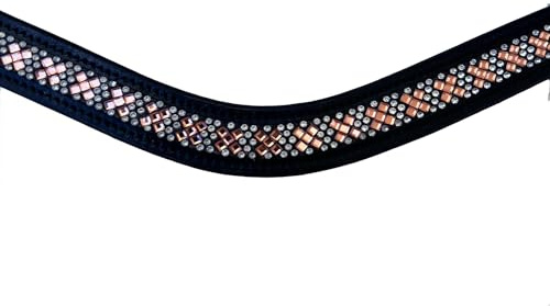 Stirnriemen Stirnband Pferd Leder in Schwarz & Braun – mit roségoldenen und silbernen Steinen – Glitzer Stirnriemen für Trense – Klettverschluss, 4 Größen, hochwertiges Leder. S Pony