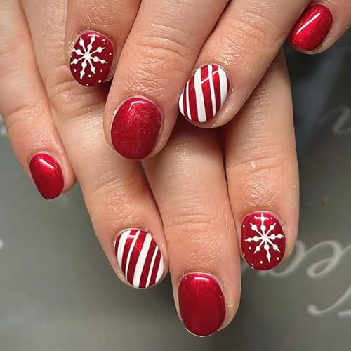 Viugex 24Pcs Noël French Faux Ongles, Court Ovale Press on Nails, Rouge Brillant Ongles à Coller avec Flocons de Neige et Rayures Design, Glossy Acryliques Réutilisables Capsules Ongles pour Femmes