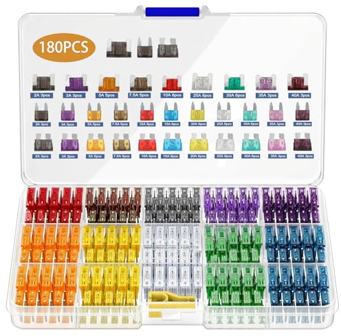 180 Piezas Kit de Fusibles de Coche Mini Micro Estándar (2A 3A 5A 7,5A 10A 15A 20A 25A 30A 35A 40A) 60 Mini + 60 Mediano + 60 Estándar +1 Clip Extractor para Coche Caravanas Furgoneta Moto Barcos