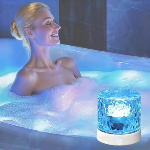 Cordless Rechargeable Shower Light with Ocean Wave Projection, 3D Water Ripple Effect for Bath Tub Spa, Battery Powered, Blue