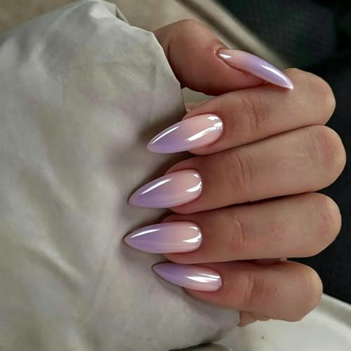 SXVME Chrome French Press on Nails Almond Medium, Glazed Ombre Lilac False Nails with a Velvet Mirror Finish, Gradient Fake Nails Press ons, Stiletto Acrylic Stick on Nails for Women Manicure 24 Pcs