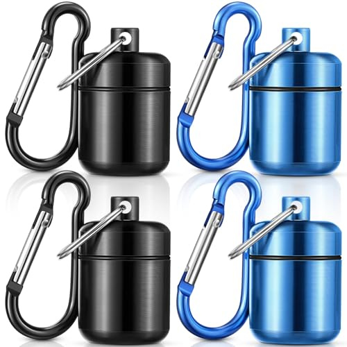 4 Pack Ear Plug Carrying Case Portable Pill Holder Case Waterproof Metal Small Pill Container Carrier for Earplugs and Jewelry Holder(Black, Blue)