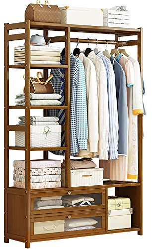 Appendiabiti in bambù con ripiani e cassetti, elegante appendiabiti in bambù per appendere vestiti e scarpe, soluzione di archiviazione armadio aperto ecologico