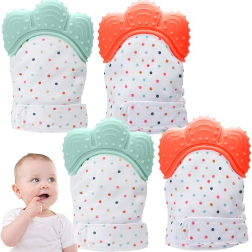 Teething Mittens Adjustable Silicone Baby Teething Mitten Built-in Phonic Membranc 2 Pairs Sensory Stimulating Glove for 3-6 Months Baby Mittens Mitten