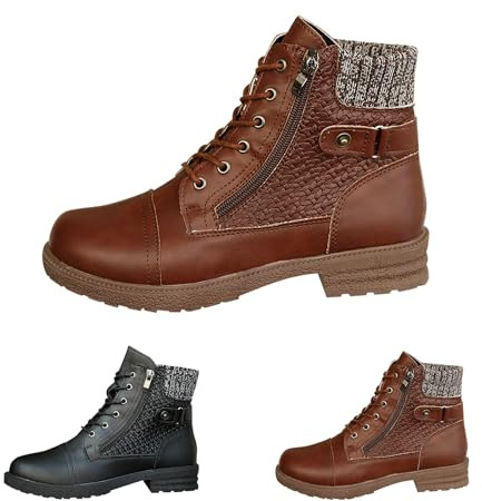 krxodiuoiy Botines para mujer, planos, de piel, con tacón, cómodos, de invierno con cremallera, suela de perfil, botines de motorista, botines bajos para mujer, marrón, 37 EU