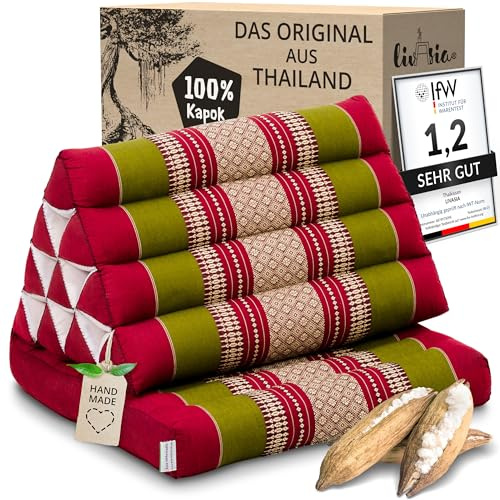 livasia Thai cushion with 1 seat rest - 30x20x3.1″ - Triangle cushion with seat cushion, Wedge cushion, kapok, Back support cushion, folding, Thai mat, folding, Hand made (Red/Green)