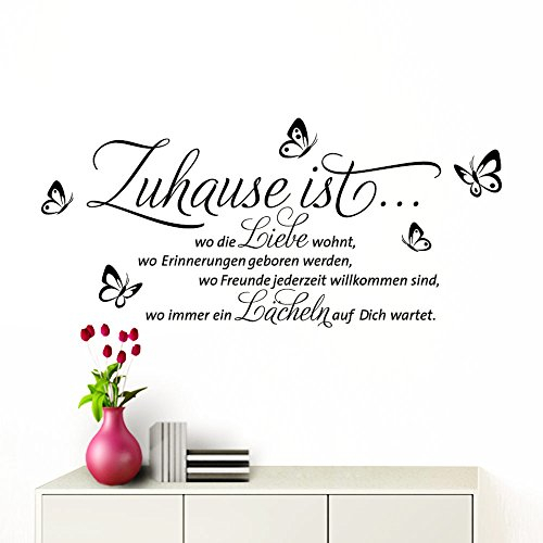 Grandora Wandtattoo Zuhause ist I schwarz (BxH) 100 x 53 cm I Schmetterlinge Wohnzimmer Spruch Aufkleber selbstklebend Wandaufkleber Wandsticker W1133