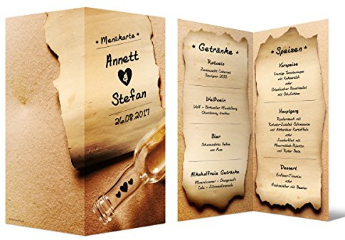Menükarten Hochzeit (10 Stück) - Flaschenpost - Speisekarte Getränkekarte