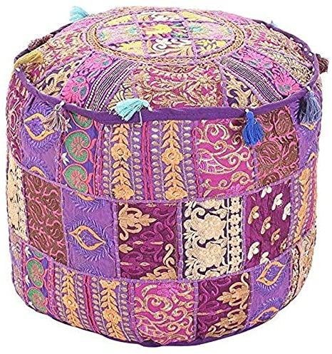 Aakriti Indischer Pouf Fußhocker Mit Stickerei, Baumwolle, Osmanische Abdeckung Mit Ethnischem Dekor - Lila, 46x33 cm