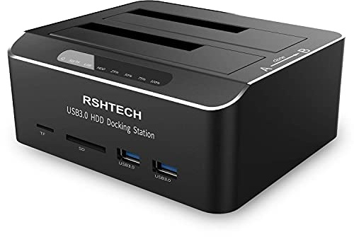 Hard Drive Docking Station RSHTECH USB 3.0 Aluminum Dual Bay Hard Drive Dock for 2.5 & 3.5 SATA HDD SSD with SD/Micro SD Card Reader and Offline Clone/Duplicator Function Support 16TB Tool-Free