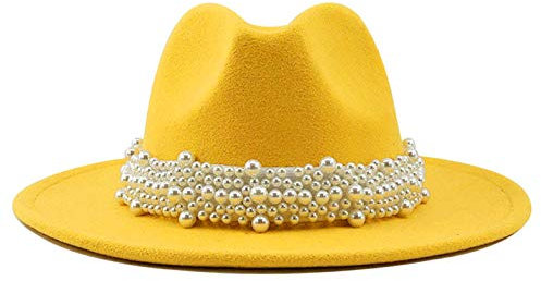 EOZY Damen Vintage Pearl Band Fedora Hut Trendy Wide Brim Trilby Panama Hut - Beige - 56/58 cm/M