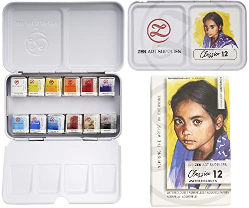 ZenART Professional Watercolour Paint - Non-Toxic 12 Half-Pan Set in Metal Tin Palette - Portable Travel Watercolour Set for Adults - Vibrant Essential Primary Water Colors