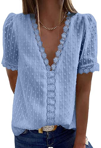 Bipily blus dam spets avslappnad V-hals elegant enfärgad lös vintage kortärmad casual spets blus, A-blå, S