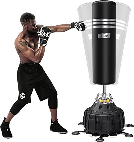 Dripex Saco de Boxeo de Pie para Adultos, Compañero de Boxeo de MMA, Entrenador de Boxeo, Resistente, con Base de Succión, Rellenable de Arena 80kg /Agua 60kg Aprox (Negro 25 Ventosas)