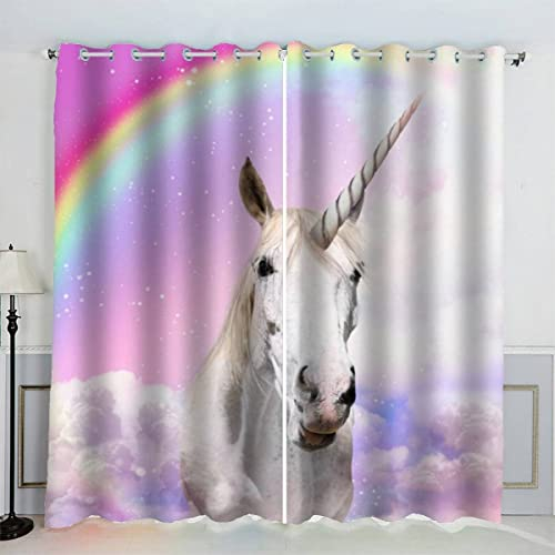 Aolity Vorhänge Ösen Gardinen Regenbogen Pferd Verdunklungsvorhänge Wohnzimmer Schlafzimmer Kinderzimmer Mädchen Jungen Rosa Vorhänge Blickdicht 140 x 160 cm (BxH)